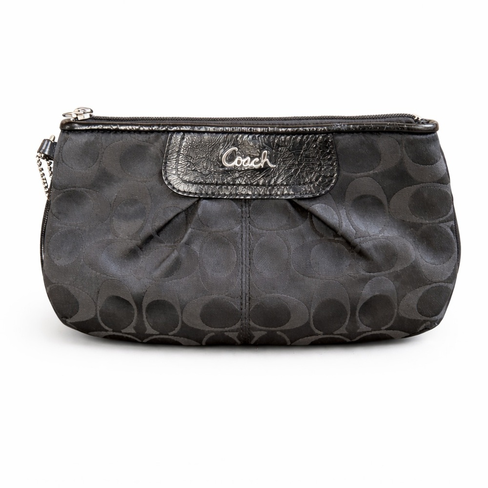 Coach Signature Canvas Wristlet Clutch Black Gray Leather Trim